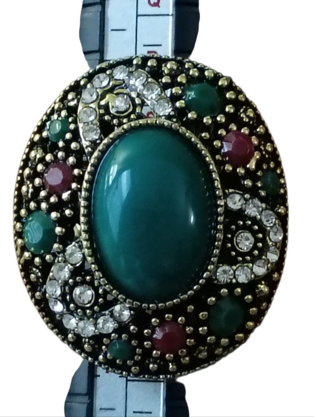 Fashion Jewelry Gold Green Red Rhinestone Oval Chunky Size 10 Ring